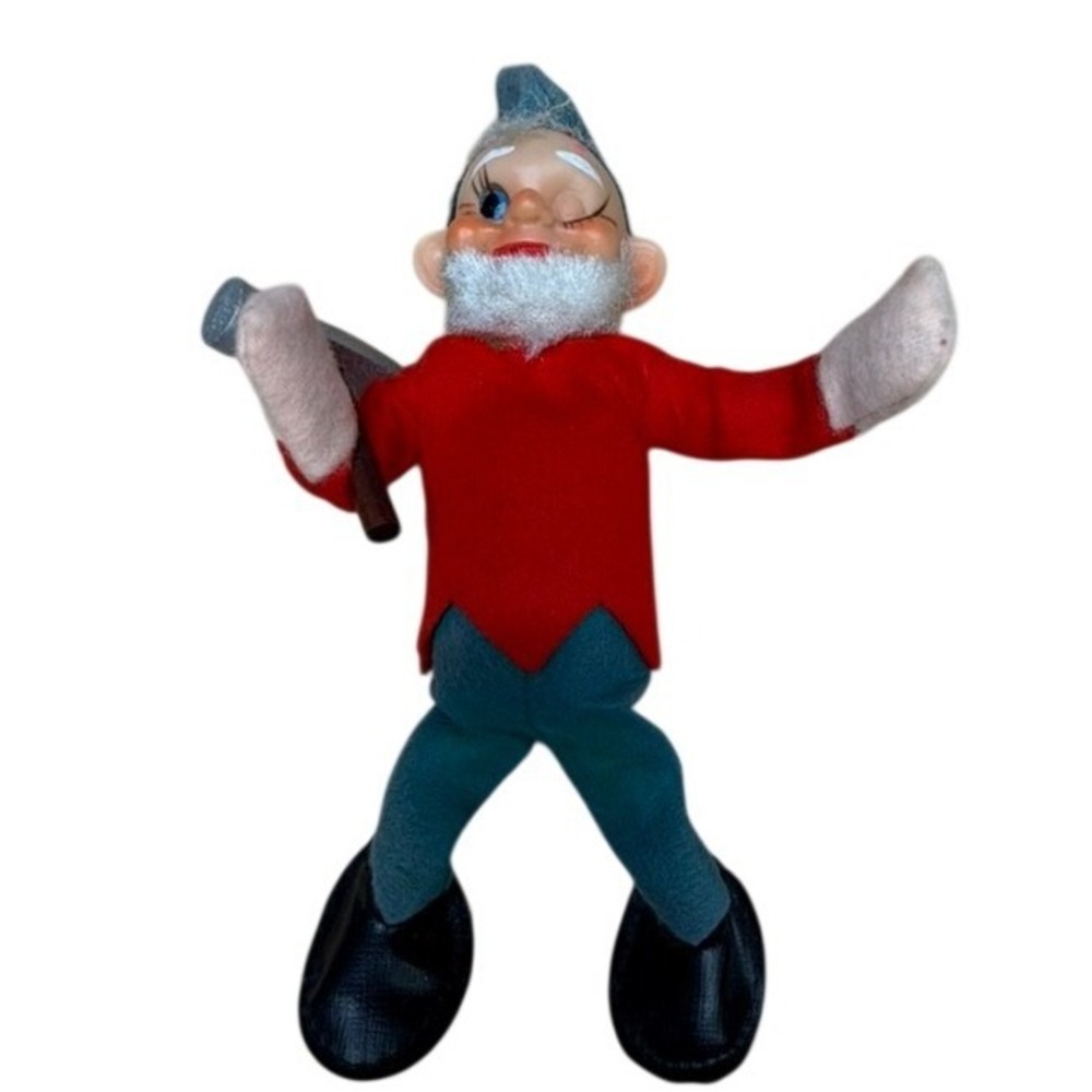 Vintage Elf Gnome Doll Hammer Red Shirt Grn Pants Winking Character Toy Sunfaded